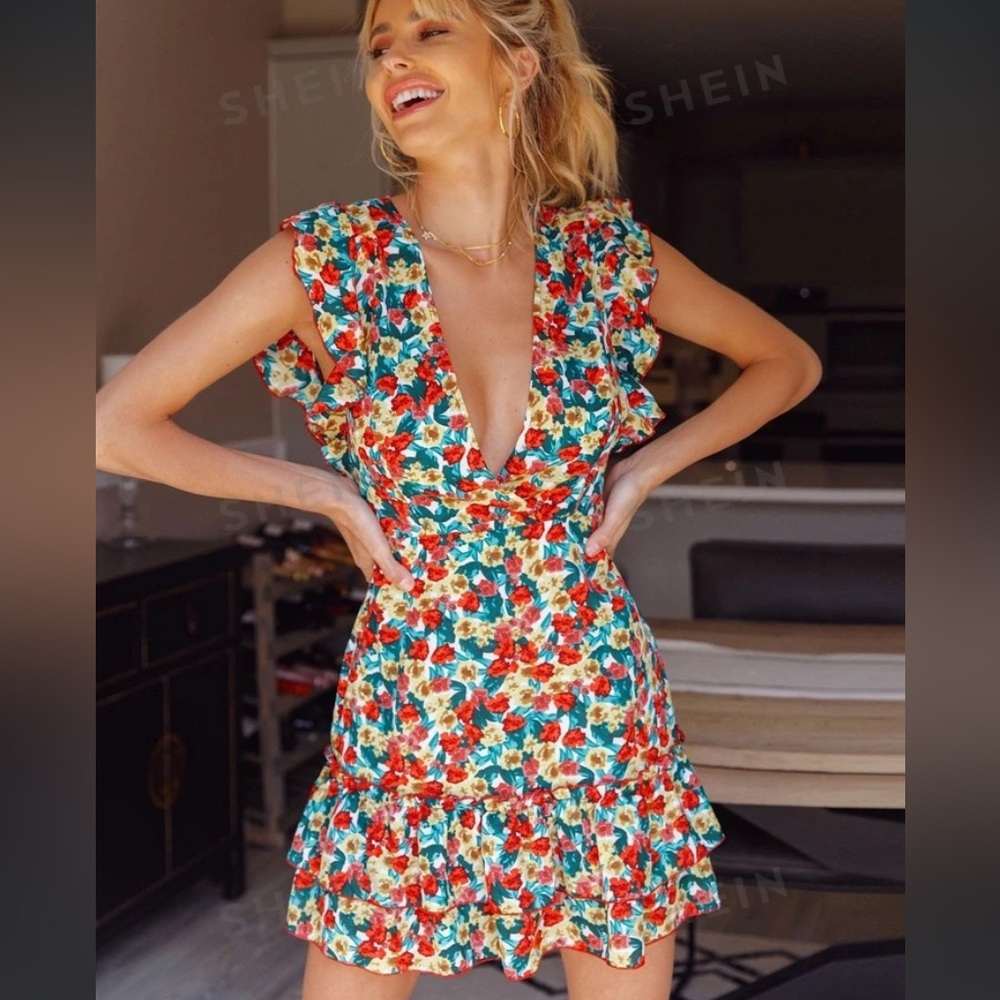 shein womens XS plunging tied backless truffle trim floral print polyester dress